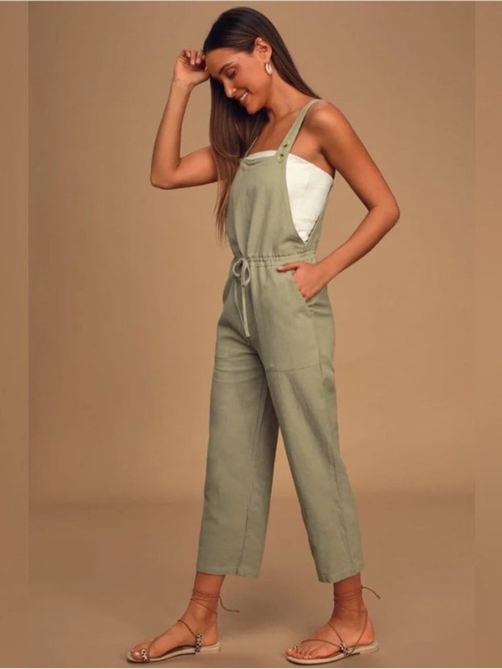 Rhythm Olive Green Linen Blend Drawstring Overalls